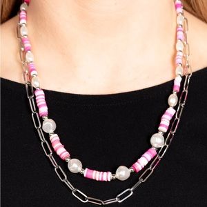 NEW Boutique Pink Bead & White Pearl Striped 2 Tier Silver Y2K Handmade Necklace